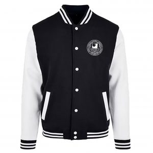 Unisex-Collegejacke in Schwarz-Weiß mit gesticktem FU-Siegel