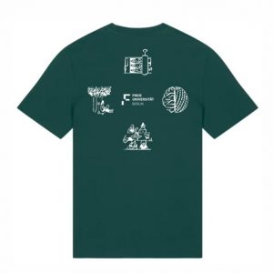 Unisex-T-Shirt in Grün mit Aufdruck von Campus-Zeichnungen und des FU-Logos - Rückenaufdruck